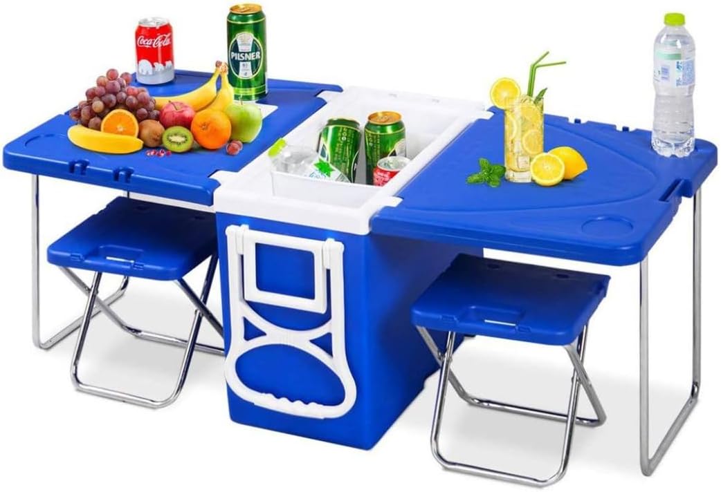Tavolo picnic richiudibile con frigorifero integrato da 28 litri e due sgabelli portatili