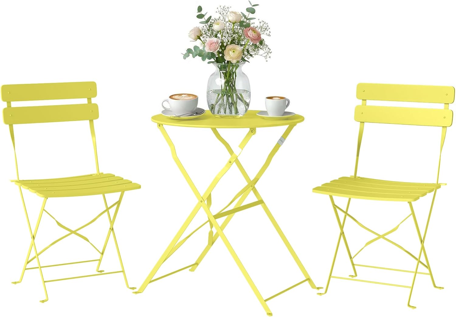 Set bistrot pieghevole da esterno composto da tavolo e due sedie gialle per balcone e giardino
