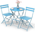 Set bistrot pieghevole da esterno con tavolo e due sedie in acciaio colore blu per balcone e patio