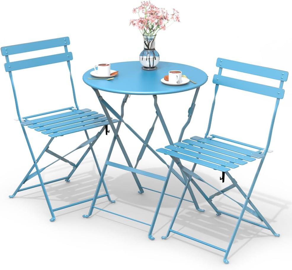 Set bistrot pieghevole da esterno con tavolo e due sedie in acciaio colore blu per balcone e patio