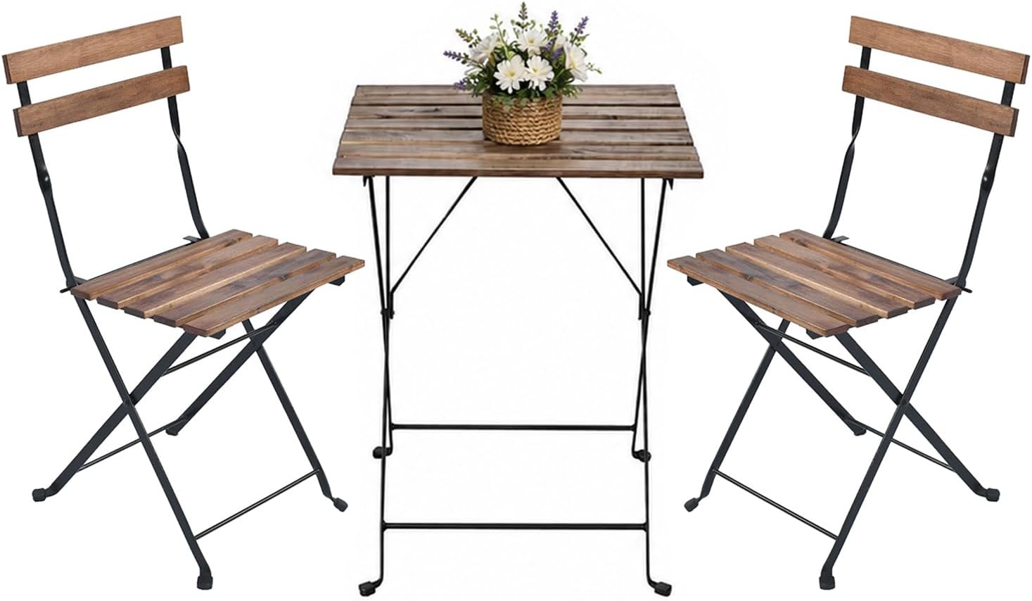 Set bistrot compatto con tavolino e due sedie in legno acacia marrone per giardino e balcone