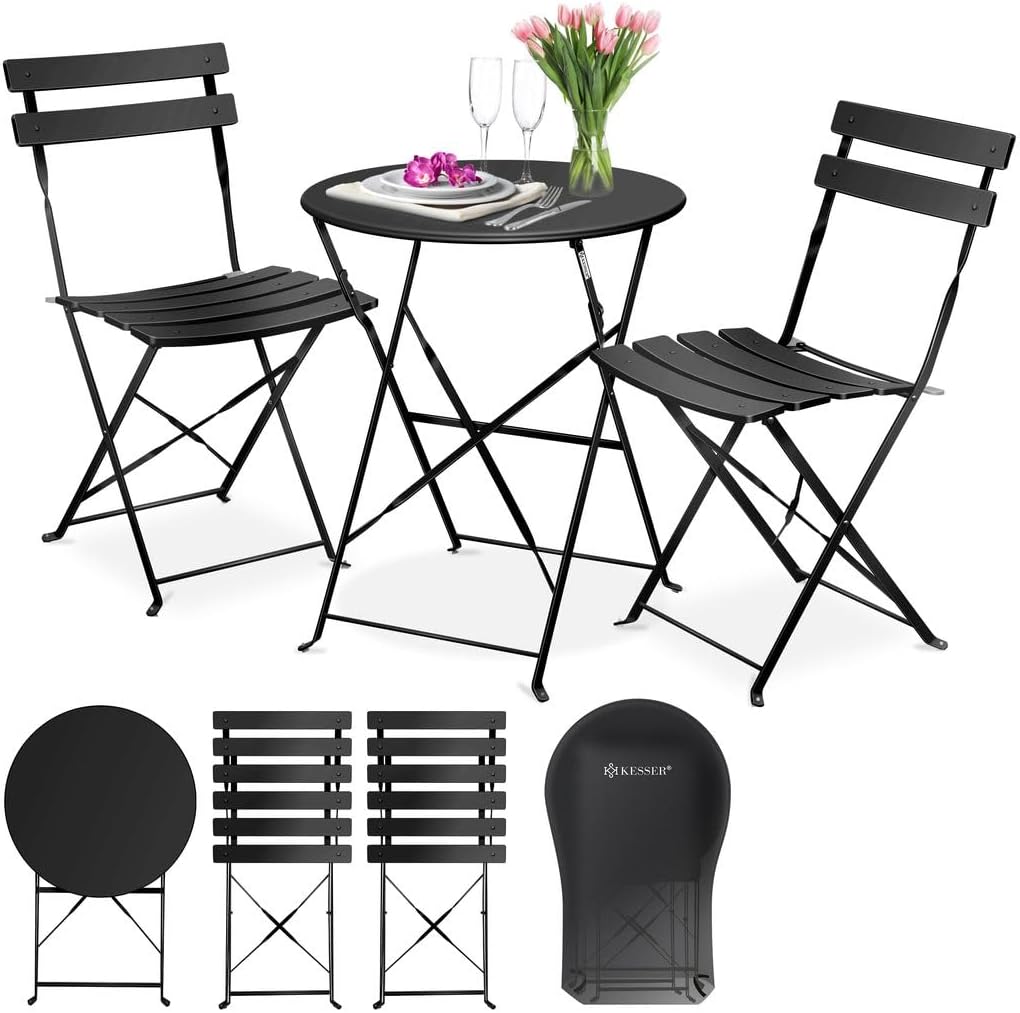 Set bistrot da balcone con tavolo e due sedie pieghevoli in metallo con copertura inclusa