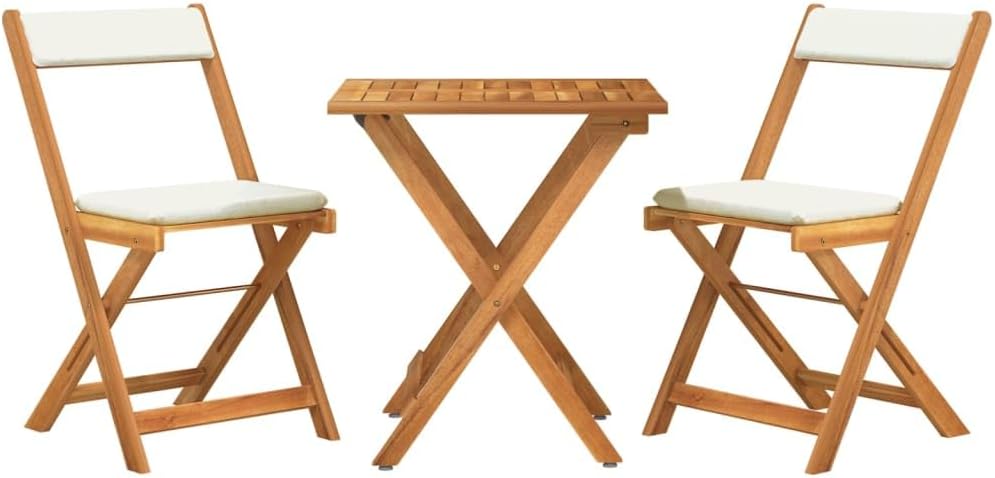 Set bistrot pieghevole da esterno con cuscini e struttura in legno massello di acacia