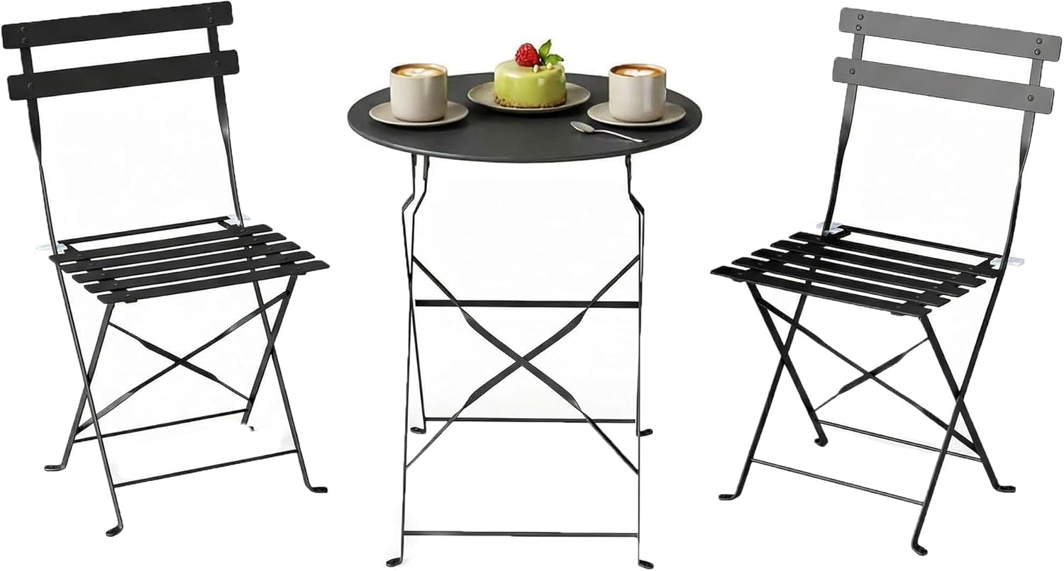 Set bistrot pieghevole da patio con tavolo e due sedie colore nero