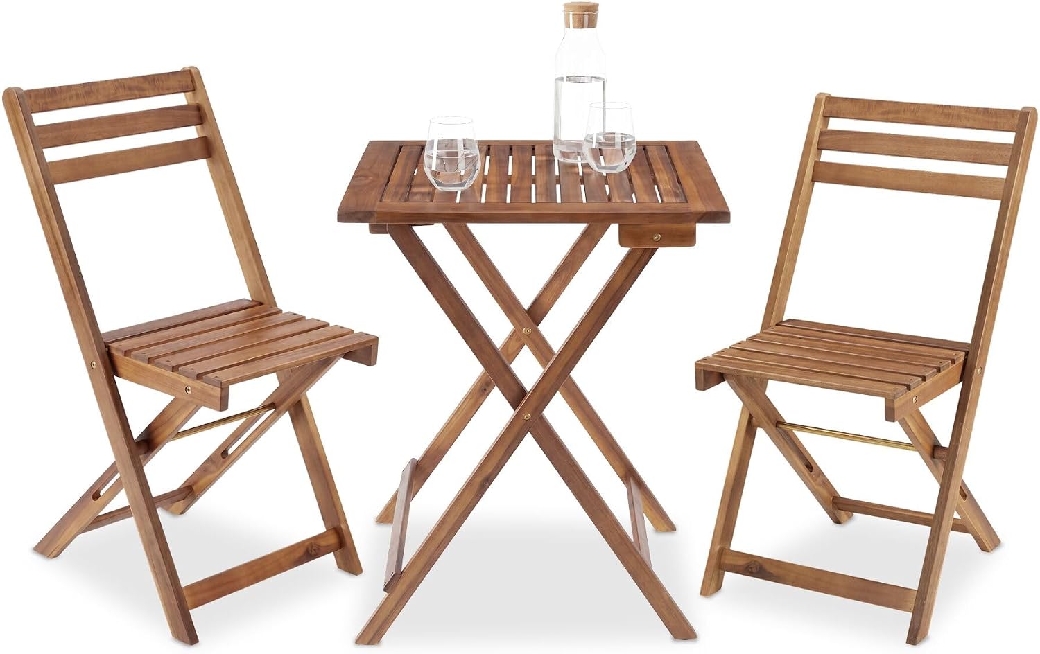 Set tavolo e due sedie pieghevoli in legno acacia con struttura a X per terrazza e giardino
