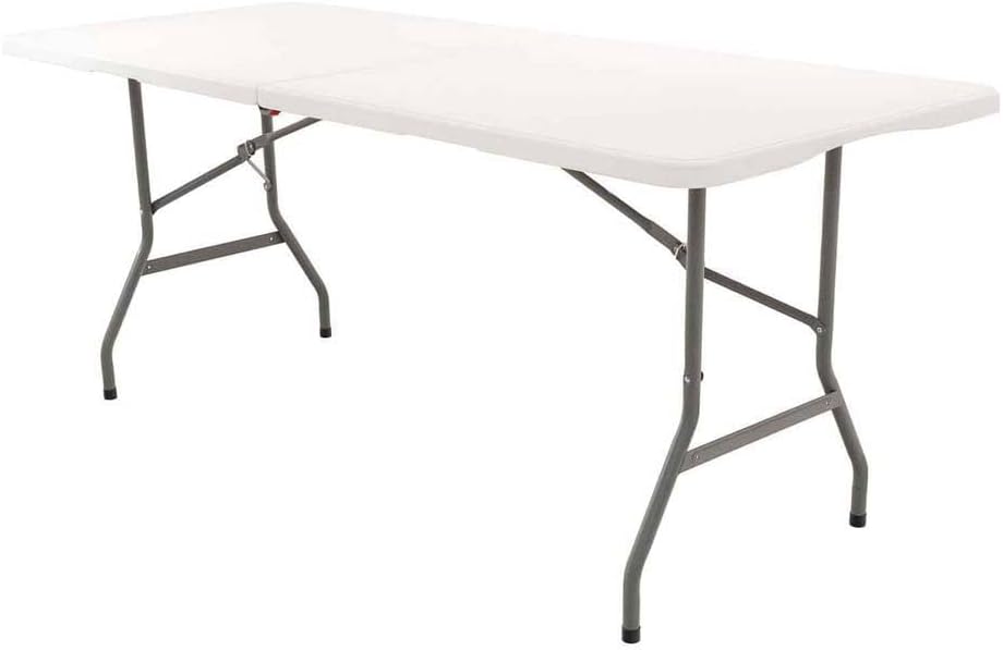 Tavolo pieghevole grande da esterno in resina bianca 240 x 74 x 74 cm con maniglia e chiusura di sicurezza