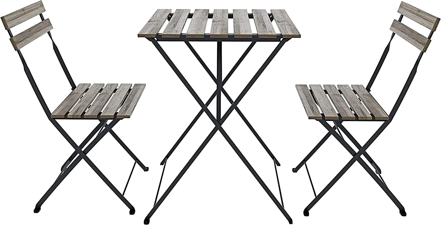 Completo bistrot con tavolo pieghevole e due sedie in acacia e metallo stile industriale marrone nero